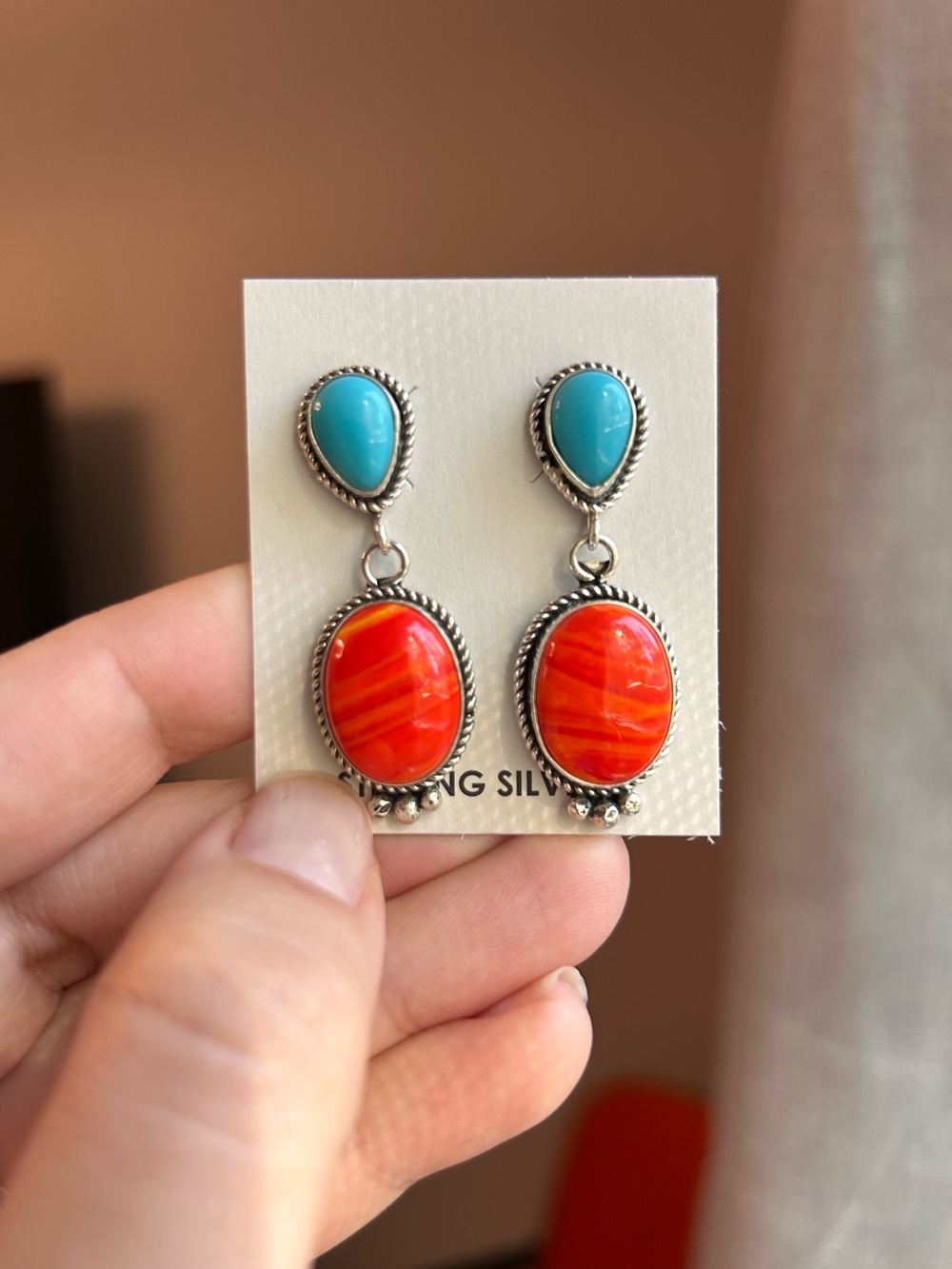 Turquoise and orange spiny drop dangle earrings